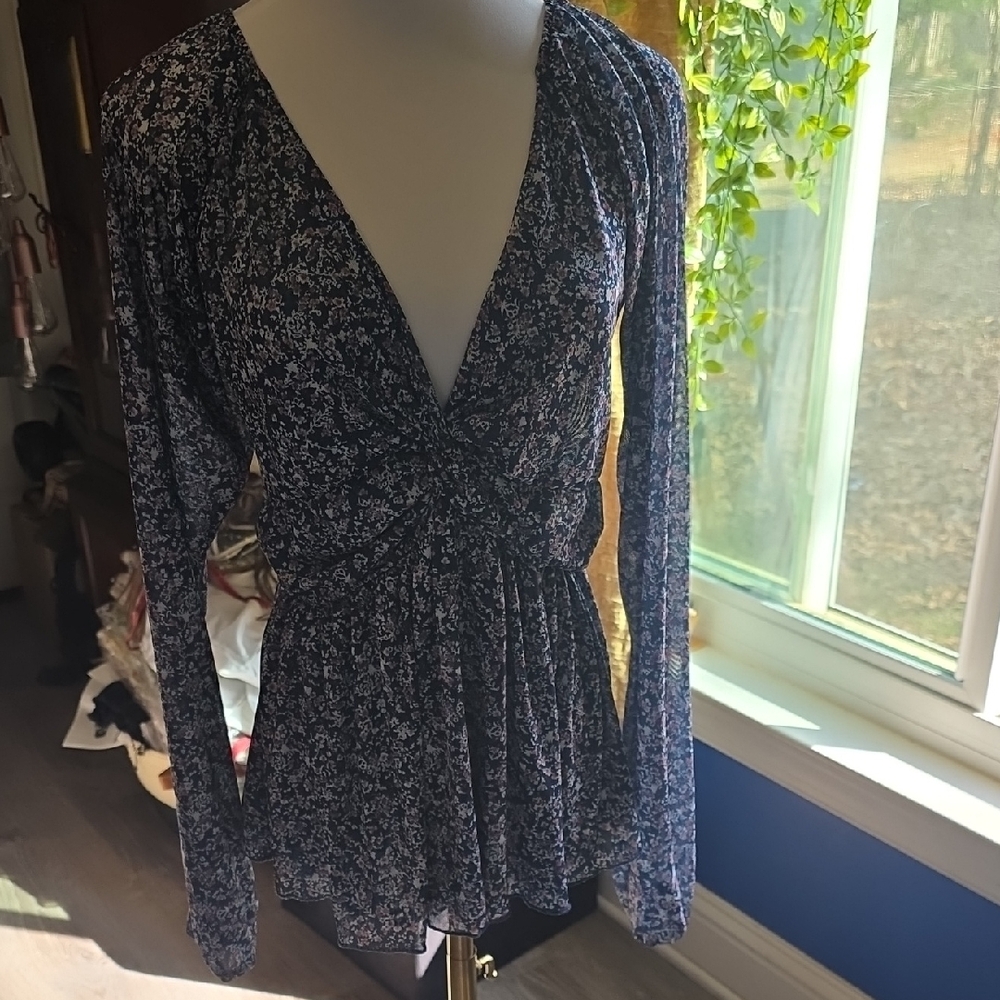 Daytrip Navy and White Floral Long-Sleeve Wrap Blouse